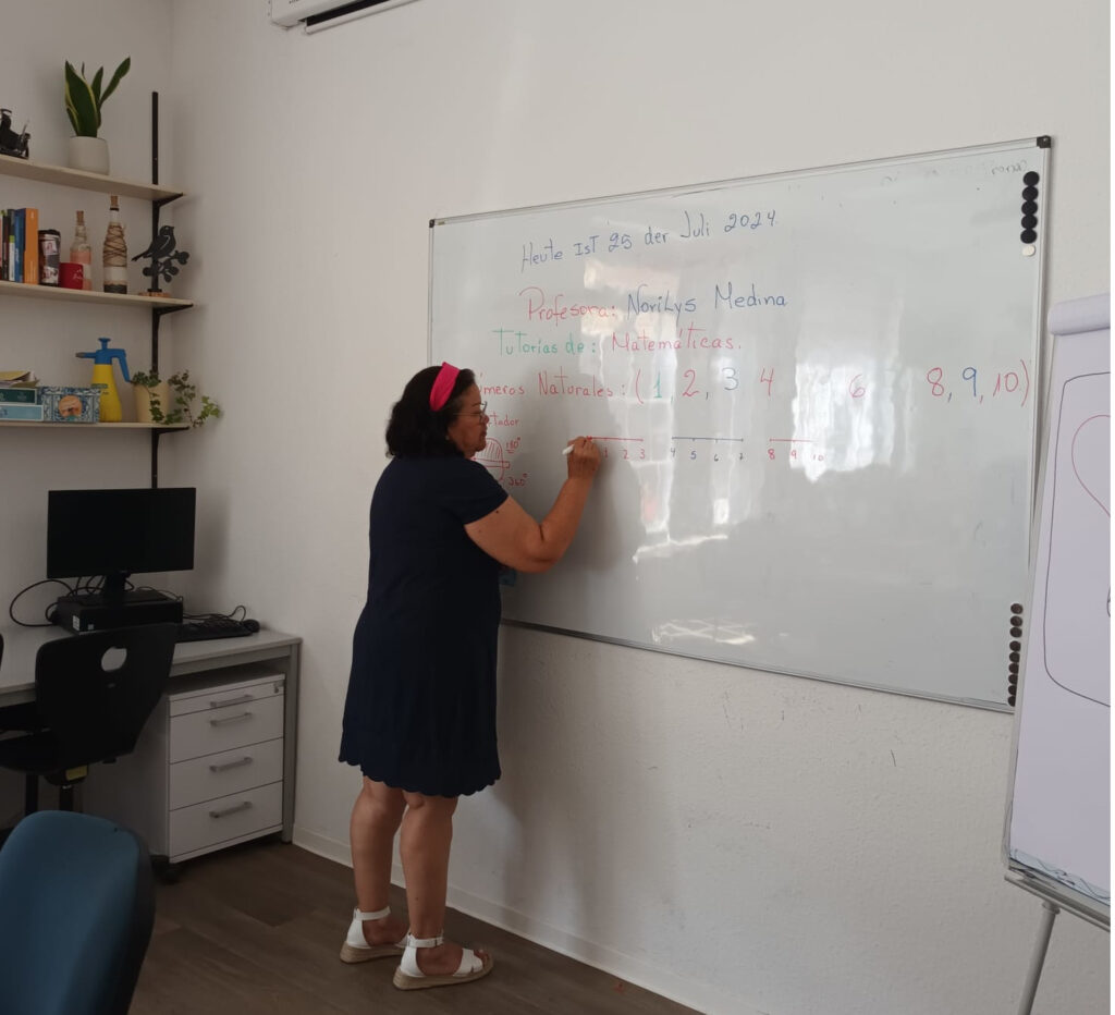 Im Moment der Aufnahme ist eine weiblich gelesene Frau mit einem schwarzen Kleid und einem pinken Kopfband gerade dabei etwas an ein WhiteBoard zu schreiben, auf dem schon verschiedene Begriffe und Zahlen stehen.