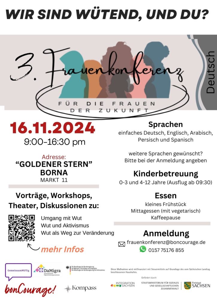 Der Flyer der 3. Frauenkonferenz Borna informiert auf Deutsch über Anmeldung, Datum, Themen und weiteres.