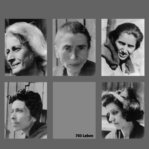 5 kleine Schwarzweiß-Fotografien auf grauem Grund zeigen Frauen-Porträts. Am unteren Bildrand steht: 703 Leben.