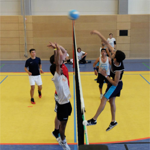 Menschen unterschiedlichen Alters spielen in einer Turnhalle Volleyball.