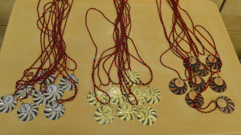 Jeweils acht goldene, silberne und bronzene Medaillen mit einem rot-schwarzen Korbel-Band liegen auf einer sandfarbigen Untergrund. Die Reihenfolge ist wie auf einem Podest: Gold in der Mitte, links Silber und rechts Bronze. Auf den Medaillen ist ein den jeweiligen Farben das Emblem eines Spielers, der gerade im Sprung an einen Volleyball schlägt.