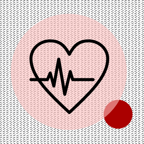 Grafik mit EKG-Linie in einem Herz auf farbigen Kreisen und gestricheltem Hintergrund