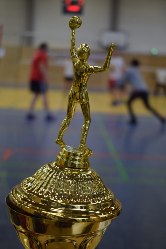 Der Deckel eines goldenen Pokals mit einer goldenen Figur, die wie bei einer Angabe gerade den Volleyball in der linken Hand nach oben streckt und mit der rechten Schwung holt, ist in der Mitte des Bildes. Leicht verschwommen sind im Hintergrund vier Volleyball spielende Menschen abgebildet.