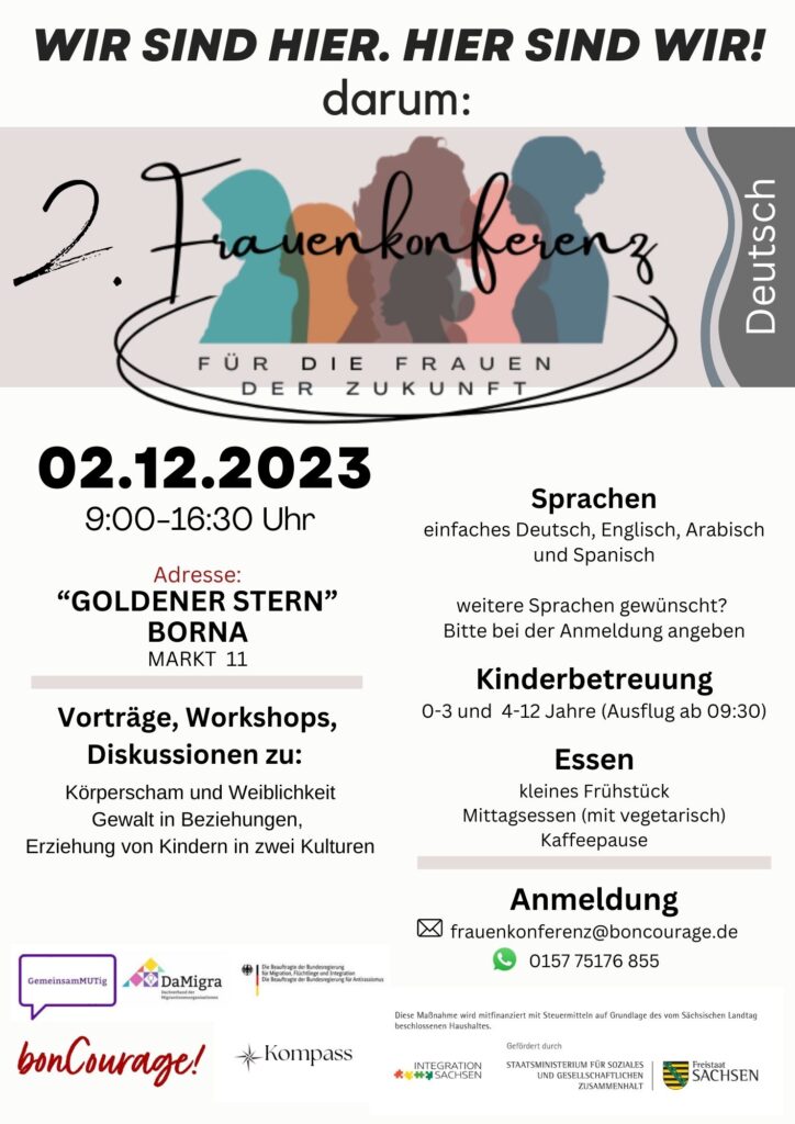 Der Flyer der 2. Frauenkonferenz Borna informiert auf Deutsch über Anmeldung, Datum, Themen und weiteres.
