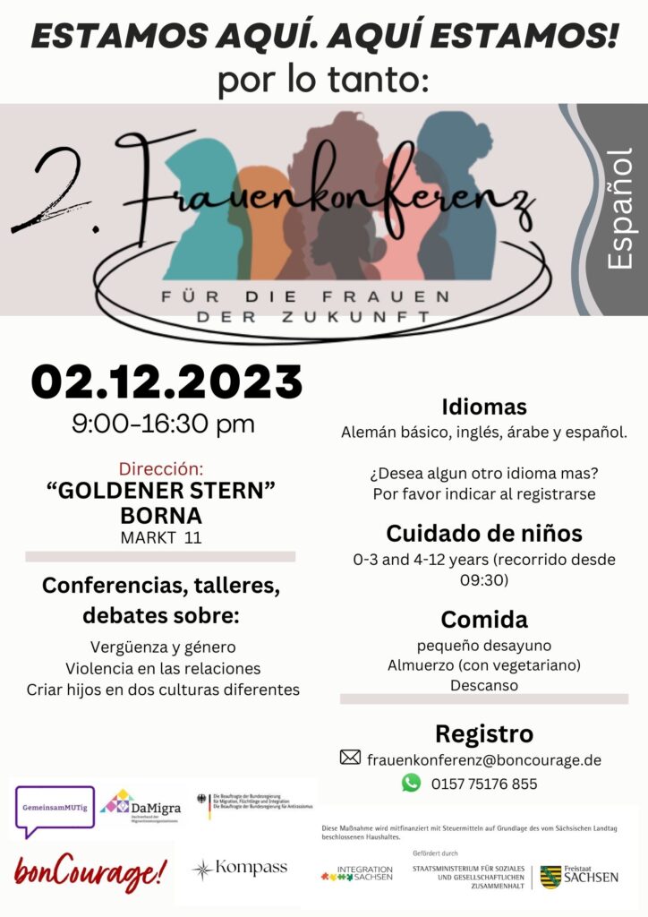 Der Flyer der 2. Frauenkonferenz Borna informiert auf Spanisch über Anmeldung, Datum, Themen und weiteres.