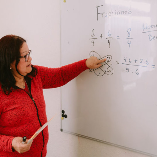 An einem Whiteboard stehen verschiedene Zahlen und Rechnungen. Eine Frau in einem knallig roten Käcken steht zum Board gewandt und zeigt mit dem Finger erklärend auf eine Zahl.