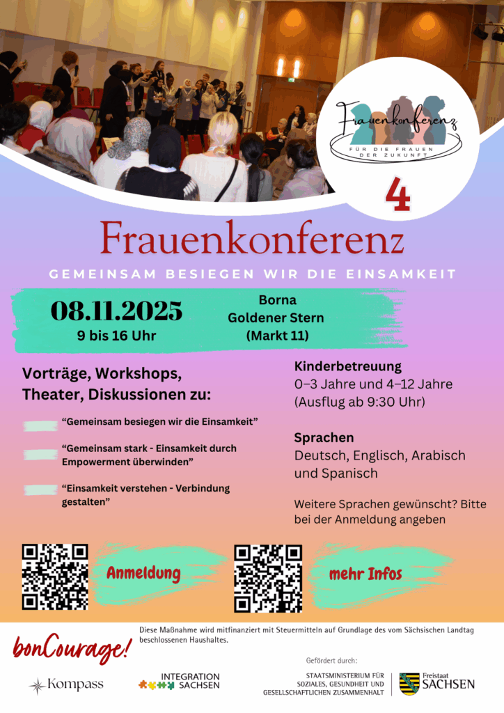 Der Flyer der 4. Frauenkonferenz Borna informiert auf Deutsch über Anmeldung, Datum, Themen und weiteres.