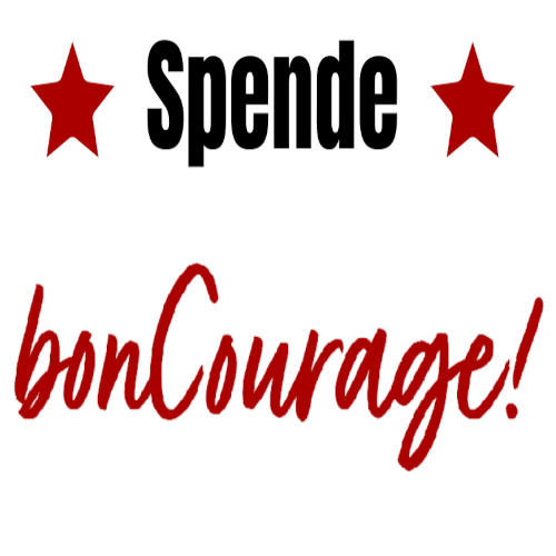 Über den Bon Courage Logo steht mit großen schwarzen Buchstaben "Spende", was rechts und links eingerahmt ist von zwei roten Sternen.