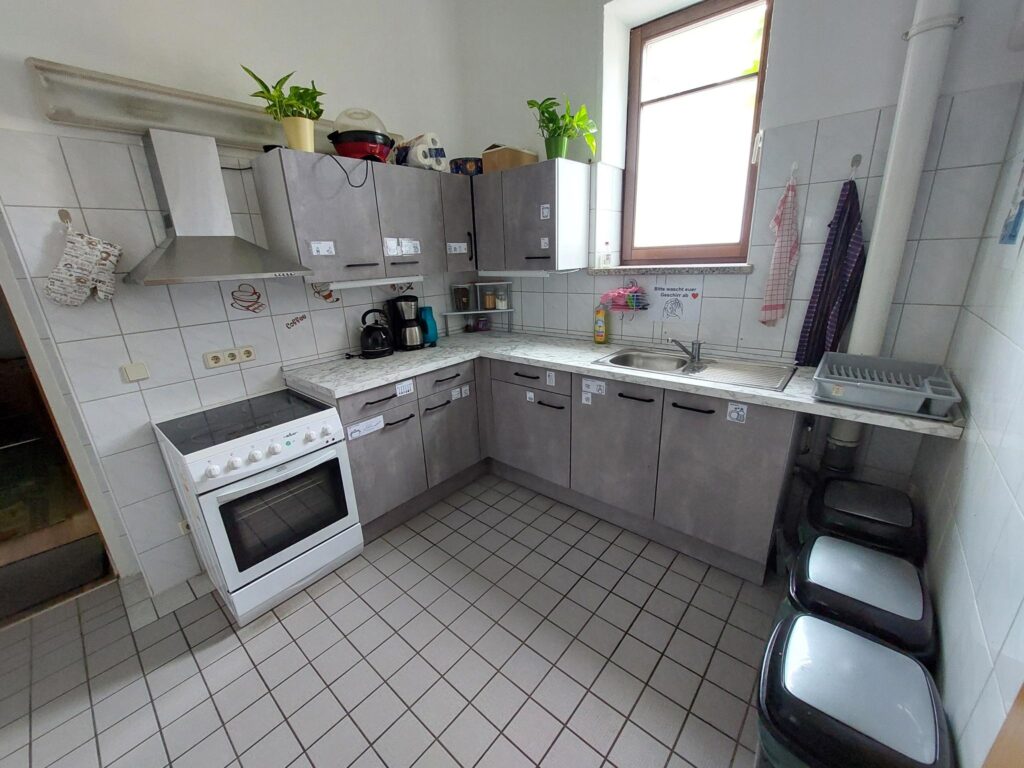 Eine helle, graue Küche mit Küchenzeile, Hängeschränken, Spülbecken. Herd mit Abzugshaube und schöner Dekoration