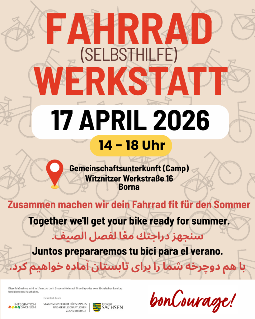 Ein bunter Flyer mit der Aufschrift: Fahrrad Selbsthilfe Werkstatt am 17. April 2026 in der Gemeinschaftsunterkunft Borna. Der Satz "Zusammen machen wir dein Fahrrad fit für den Sommer" wurde in mehreren Sprachen übersetzt