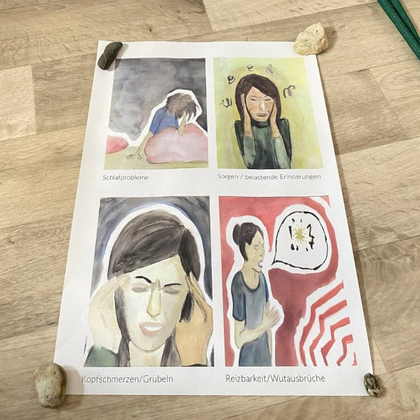 Auf einem Plakat sind für mit Farbe gezeichnete Abbildungen, die jeweils eine Person zeigen, die eine bestimmte Emotion ausdrückt. Unter der Abbildung findet sich jeweils eine Unterschrift wie Schlafprobleme, Sorgen/belastende Erinnerungen, Kopfschmerzen/Grübeln und Reizbarkeit/wutausbruch.